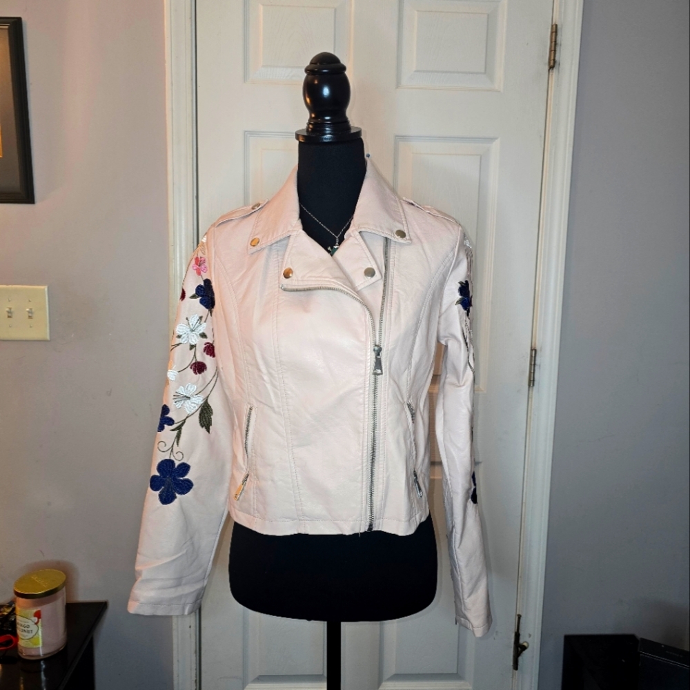 Urban Retro Faux Mink Light Pink Leather Jacket, Floral Embroidered Sleeves